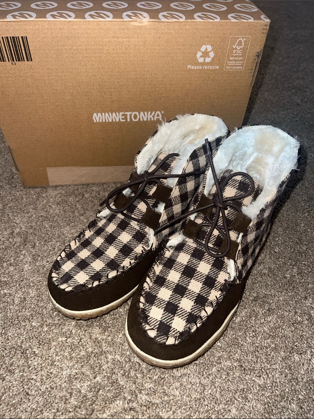 Minnetonka Women's Torrey Brown Gingham Plaid Moccasin Slippers Bootie